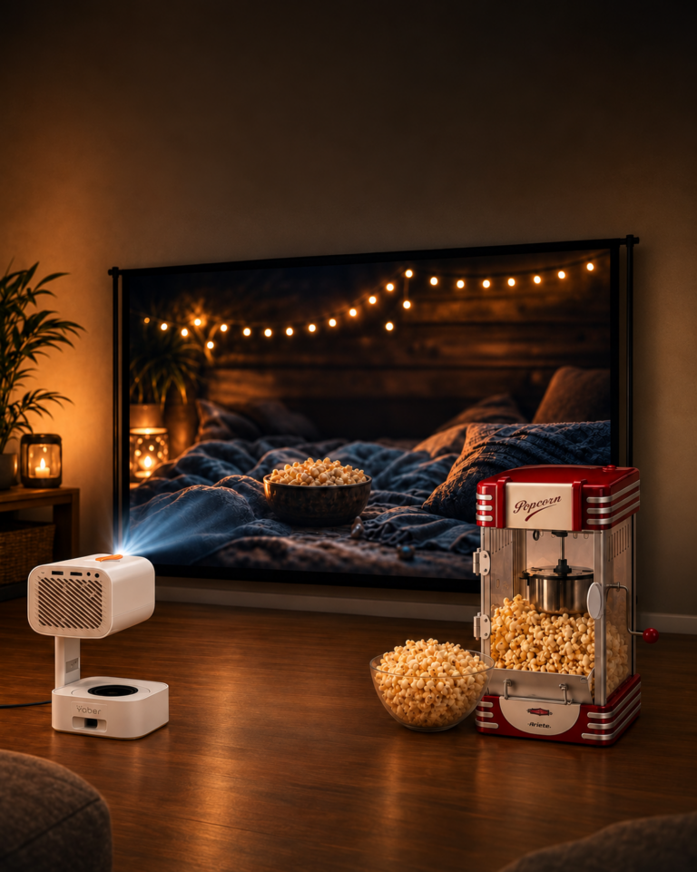 Elokuvailtapaketti – Yaber T1 Pro, 80 tuuman valkokangas ja popcornkone