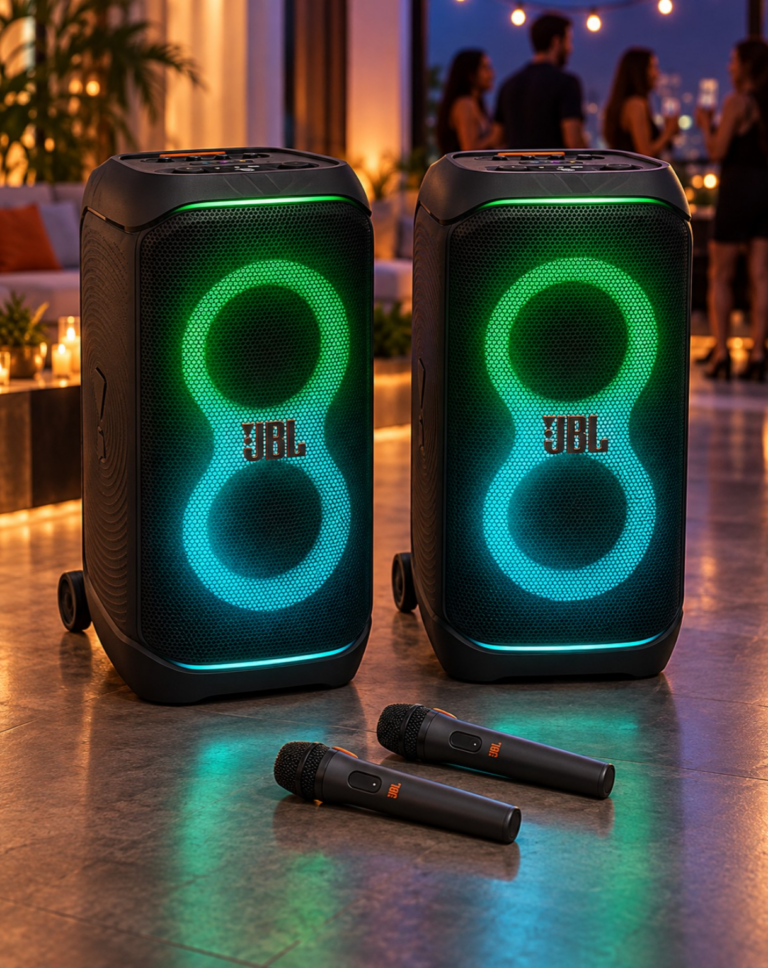 JBL PartyBox Stage 320 -karaokepaketti kahdella mikrofonilla