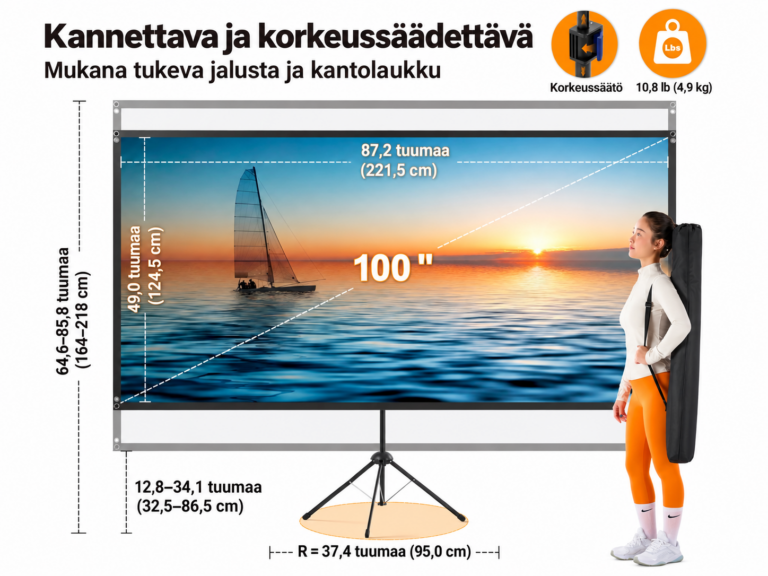 100 tuuman 16:9 projektorivalkokangas jalustalla